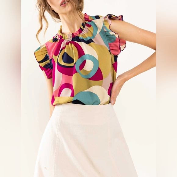 Boho Chic Multi Color Print Sleeveless Ruffle Neck Top NWOT - Picture 6 of 8